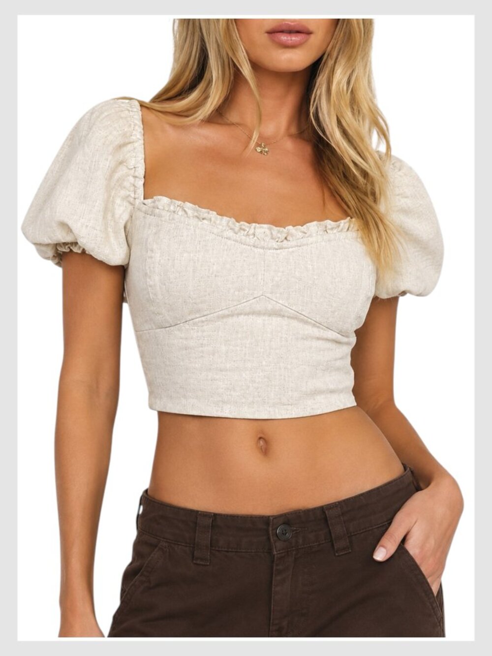 Aritzia Wilfred Wander Cream Linen Puff Sleeve Crop Top XS
